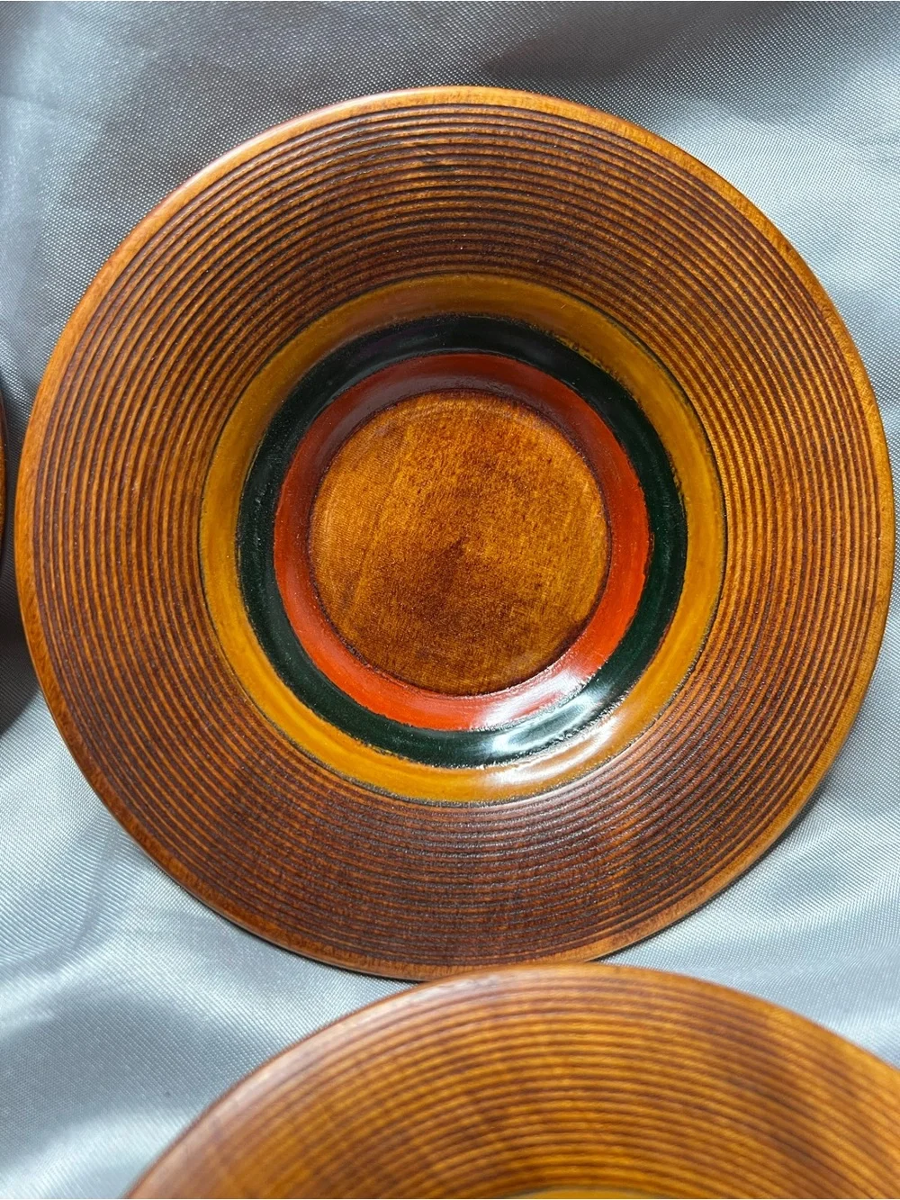 Japanese Hand-Turned Wooden Plates in Brown with Green & Red Inlay - Set of 9